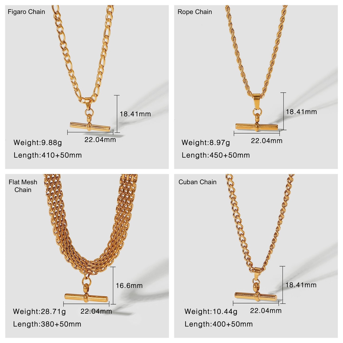Vick gold T bar chain necklace showcasing clean t bar pendant layout on white background in four different chain types