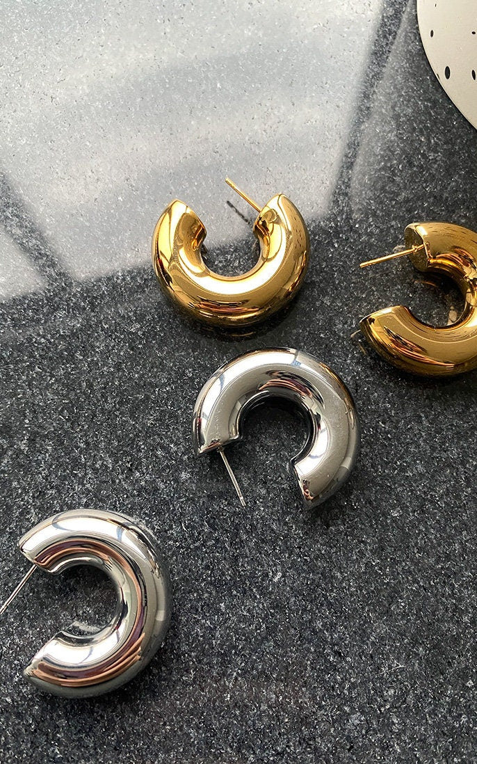 Chunky Gold Hoop Earrings, Minimal Thick Hollow Earrings, Everyday 18K Gold Statement Hoop Earrings, Chubby Hoop Earrings, Thick Open Hoops