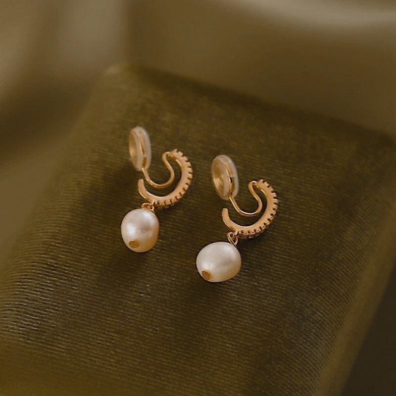 Dainty Pearl Clip On Earrings, 14K Gold Diamond Clip On Earrings, Delicate Diamond Huggie Hoop Pearl Clip On Earrings, Non Pierced Earrings