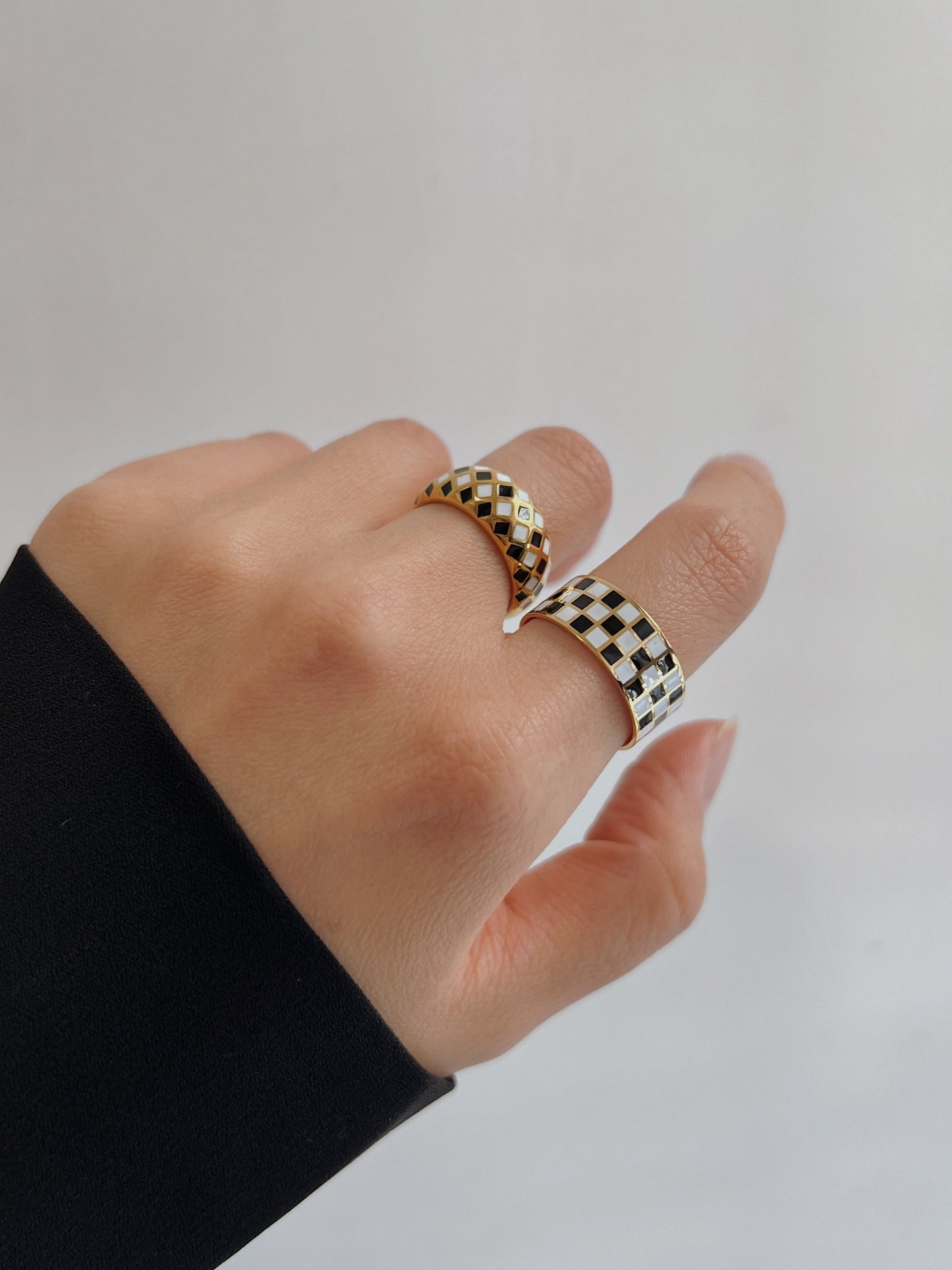 checkered ring, y2k ring, black and white checkered ring, black and white ring, enamel ring, statement ring, stacking rings