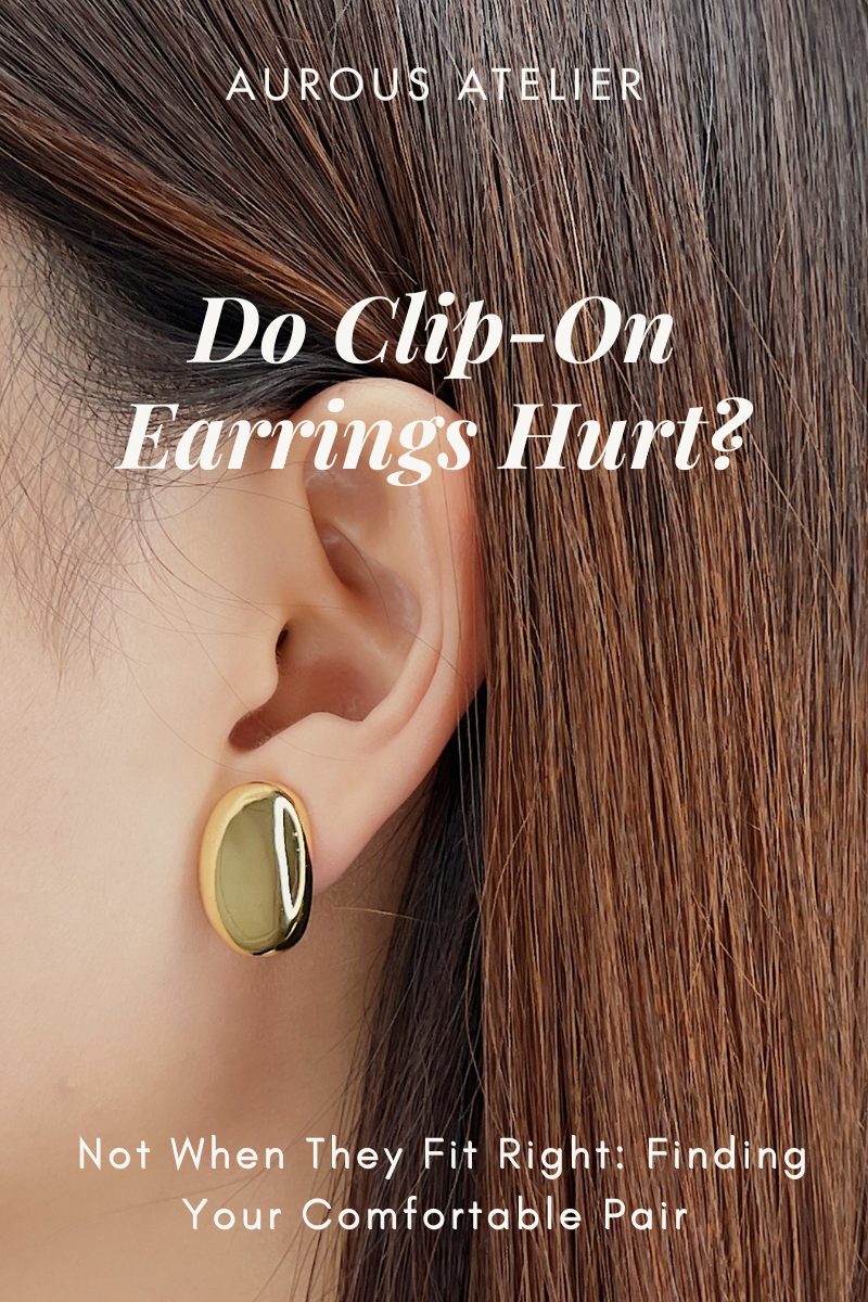 Gold domed oval clip-on earring worn on the earlobe, with the title ‘Do Clip-On Earrings Hurt?