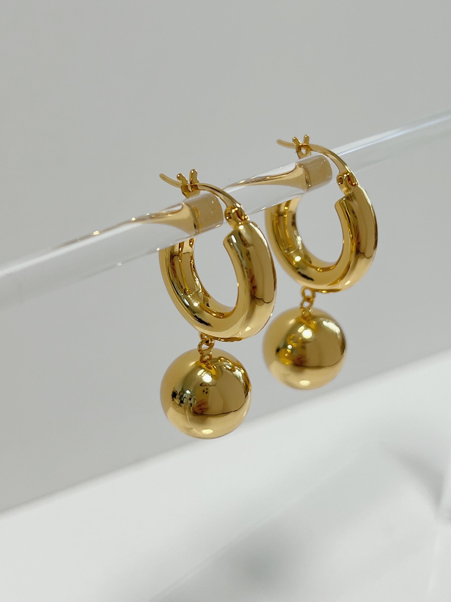 gold drop earrings, ball earrings, ball hoop earrings, 18k gold hoops, 18k gold earrings, dangle earrings, drop earrings, statement earrings, chunky earrings, bold earrings, sphere earrings, sphere drop earrings, ball drop earrings, stacking earrings