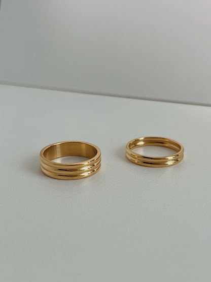 Close up of fluted gold ring showing rhythmic ribbed texture