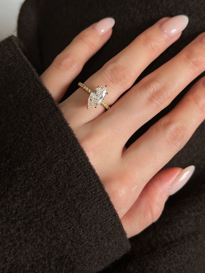 Close-up showing finger-elongating effect of the marquise cut.
