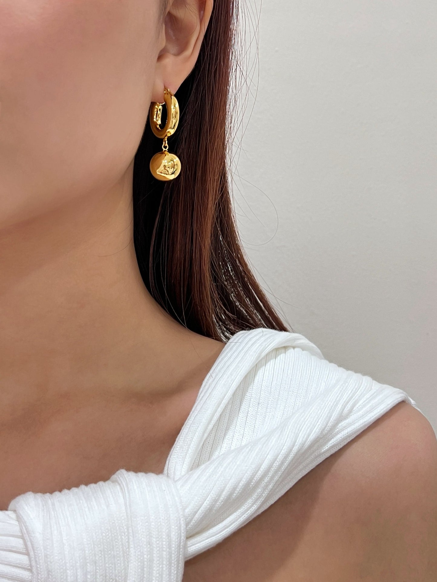 gold drop earrings, ball earrings, ball hoop earrings, 18k gold hoops, 18k gold earrings, dangle earrings, drop earrings, statement earrings, chunky earrings, bold earrings, sphere earrings, sphere drop earrings, ball drop earrings, stacking earrings