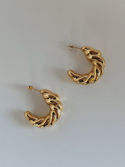croissant hoop earrings, chunky hoop earrings, gold statement hoops, large twisted hoop earrings, pastry earrings, lightweight hoop earrings