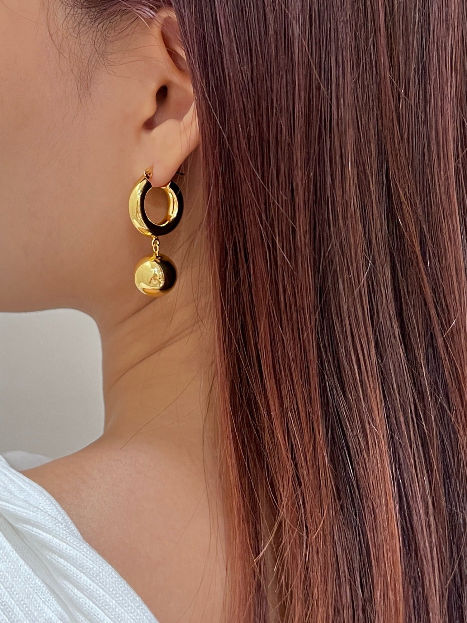 gold drop earrings, ball earrings, ball hoop earrings, 18k gold hoops, 18k gold earrings, dangle earrings, drop earrings, statement earrings, chunky earrings, bold earrings, sphere earrings, sphere drop earrings, ball drop earrings, stacking earrings