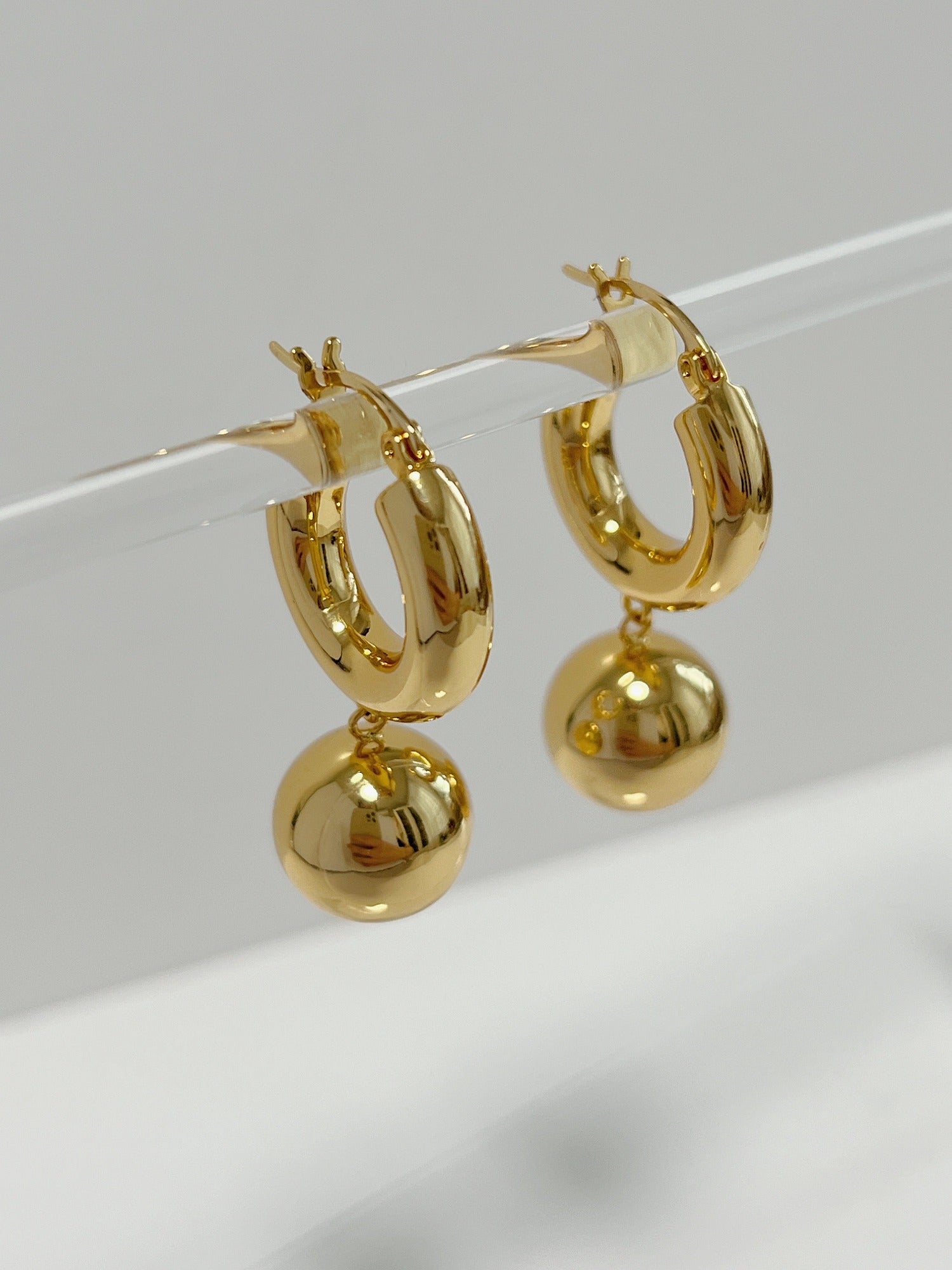 gold drop earrings, ball earrings, ball hoop earrings, 18k gold hoops, 18k gold earrings, dangle earrings, drop earrings, statement earrings, chunky earrings, bold earrings, sphere earrings, sphere drop earrings, ball drop earrings, stacking earrings