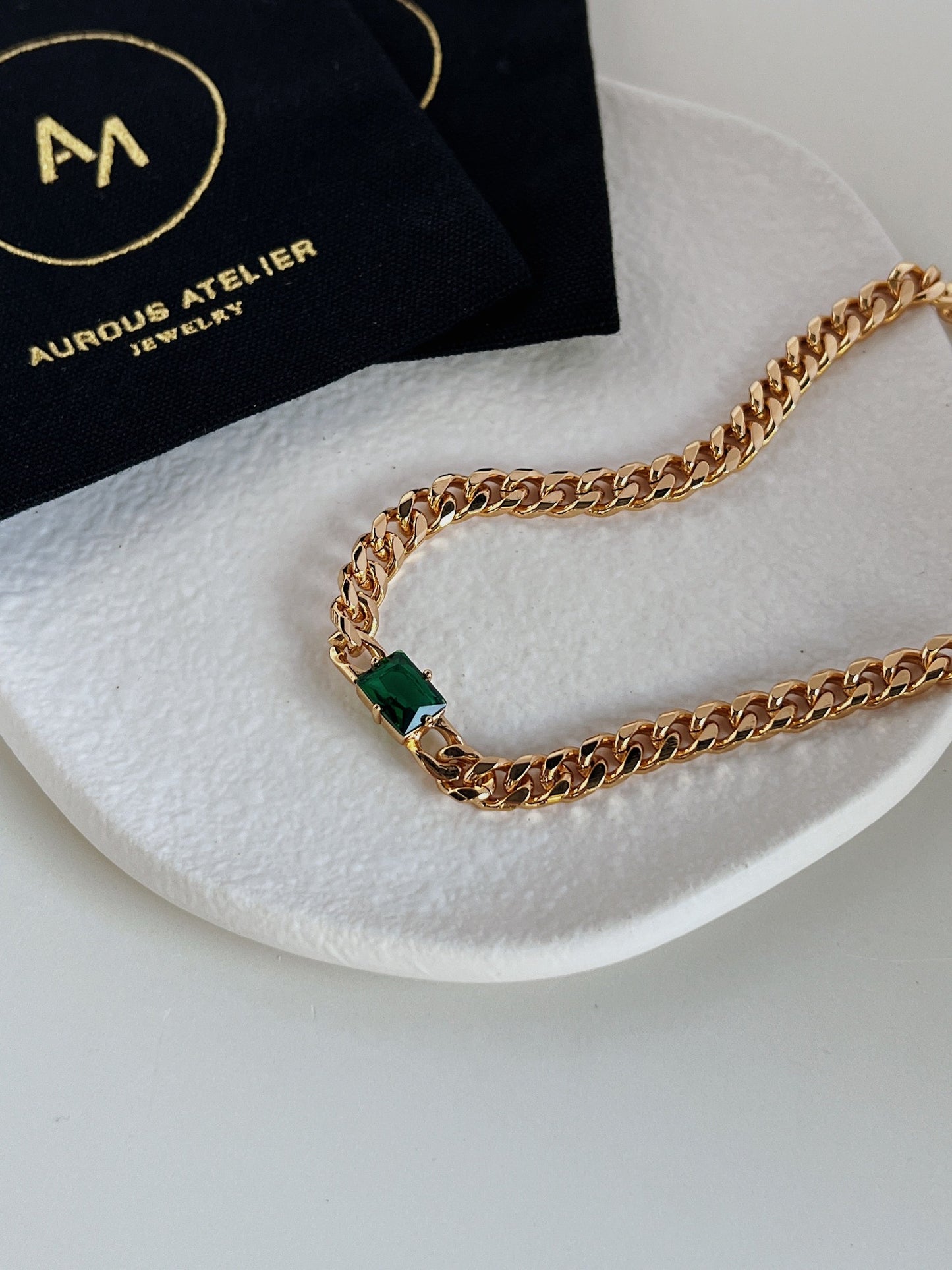 18K Gold Emerald Green Rectangle Pendant Necklace, Green CZ Chain Necklace, Choker Necklace, Statement Necklace, Layering Necklace