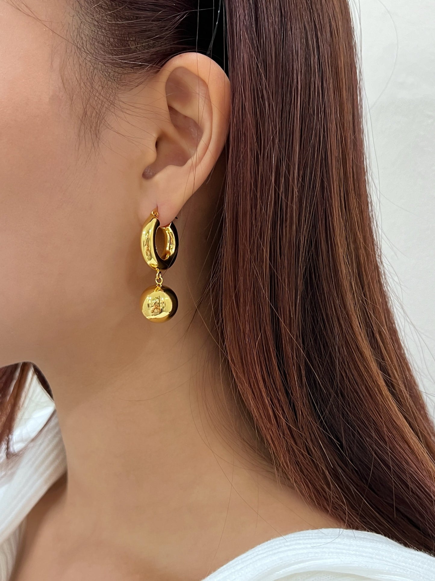 gold drop earrings, ball earrings, ball hoop earrings, 18k gold hoops, 18k gold earrings, dangle earrings, drop earrings, statement earrings, chunky earrings, bold earrings, sphere earrings, sphere drop earrings, ball drop earrings, stacking earrings