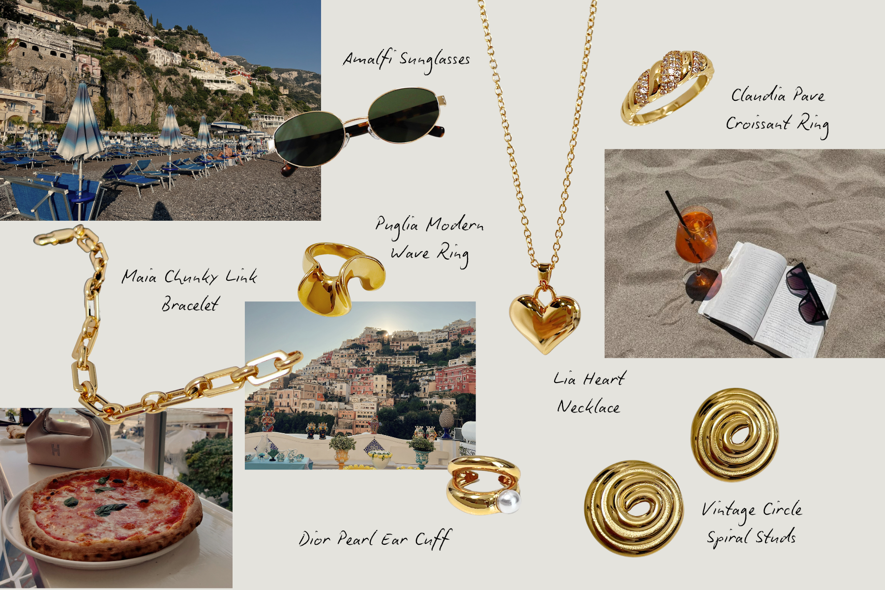 Collage of gold jewellery with mediterranean scenic jewellery inspo