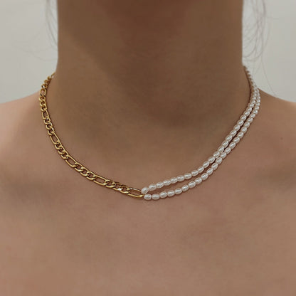 Half Pearl Half Chain Necklace, Pearl Chain Necklace, Figaro Chain Necklace, Delicate Baroque Pearl Necklace, Sophisticated Pearl Necklace