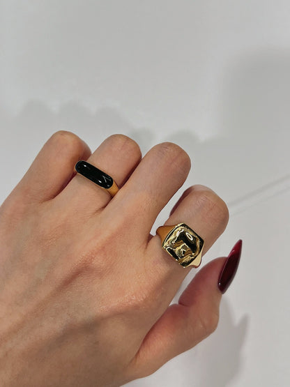 Gold Black Signet Ring, Black Enamel Signet Ring, Statement Ring, Gold Slim Rectangular Signet Ring, Minimalist Ring, Female Silhouette Ring