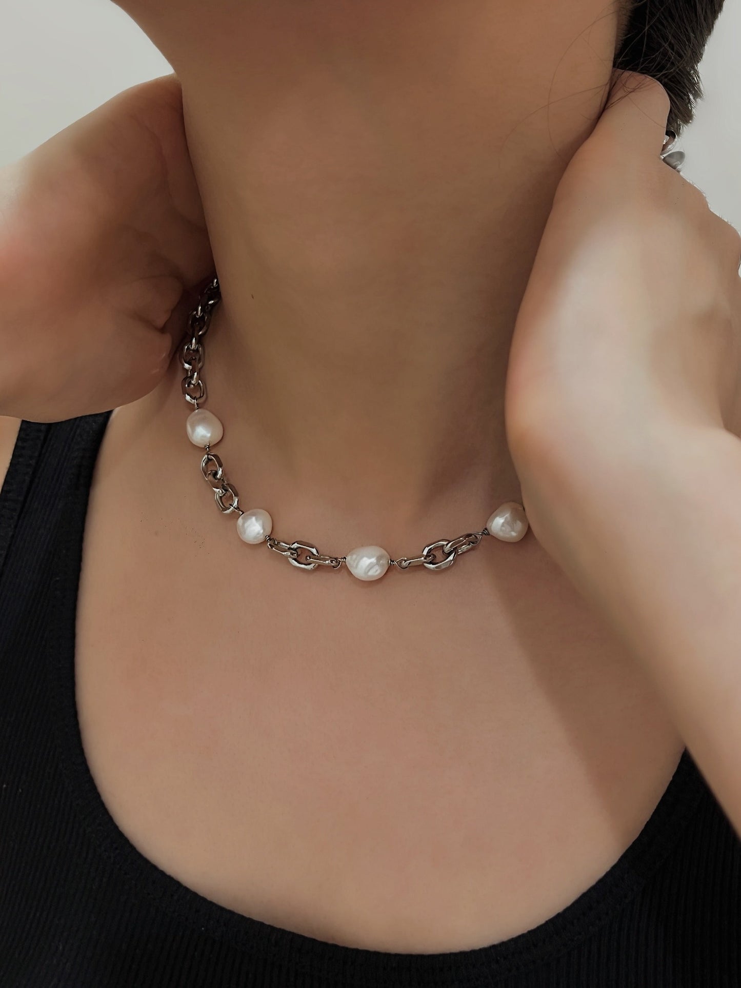 Baroque Pearl Chain Necklace, Link Chain Necklace, Silver Chunky Chain, Large Link Necklace, Chunky Chain Choker, Pearl Choker Necklace