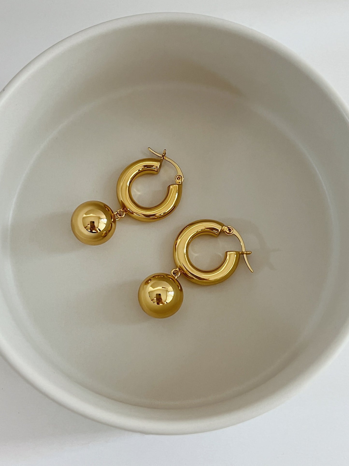 gold drop earrings, ball earrings, ball hoop earrings, 18k gold hoops, 18k gold earrings, dangle earrings, drop earrings, statement earrings, chunky earrings, bold earrings, sphere earrings, sphere drop earrings, ball drop earrings, stacking earrings