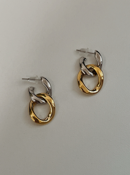 Two Tone Clip On Earrings, 14K Gold Plated Two Tone Statement Chain Earrings, Mixed Metal Earrings, Detachable Earrings, Non Pierced Earrings