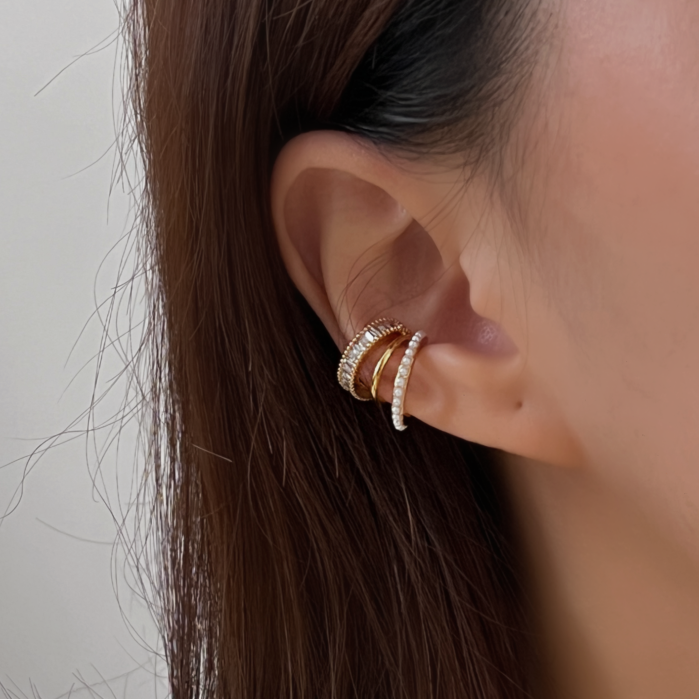 Unique Triple Band Ear Cuff, Dainty Pearl Cuff Earrings, Elegant Pearl Ear Cuff, Gold Pearl & CZ Conch Ear Cuff, No Piercing Ear Wrap, Pearl and Diamond Triple Ear Cuff, 3 Row CZ Baguette & Pearl Ear Cuff Earrings