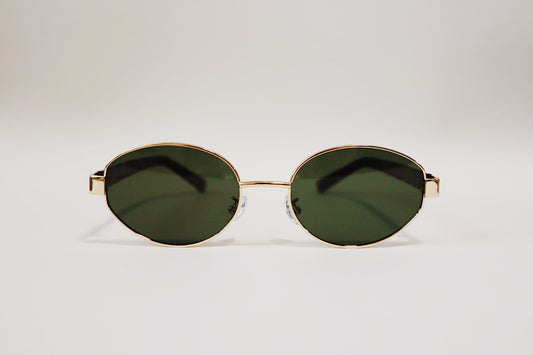 Flat front-facing studio view of the Amalfi oval sunglasses, showing the exact symmetrical balance of the fine gold metal wire frame.