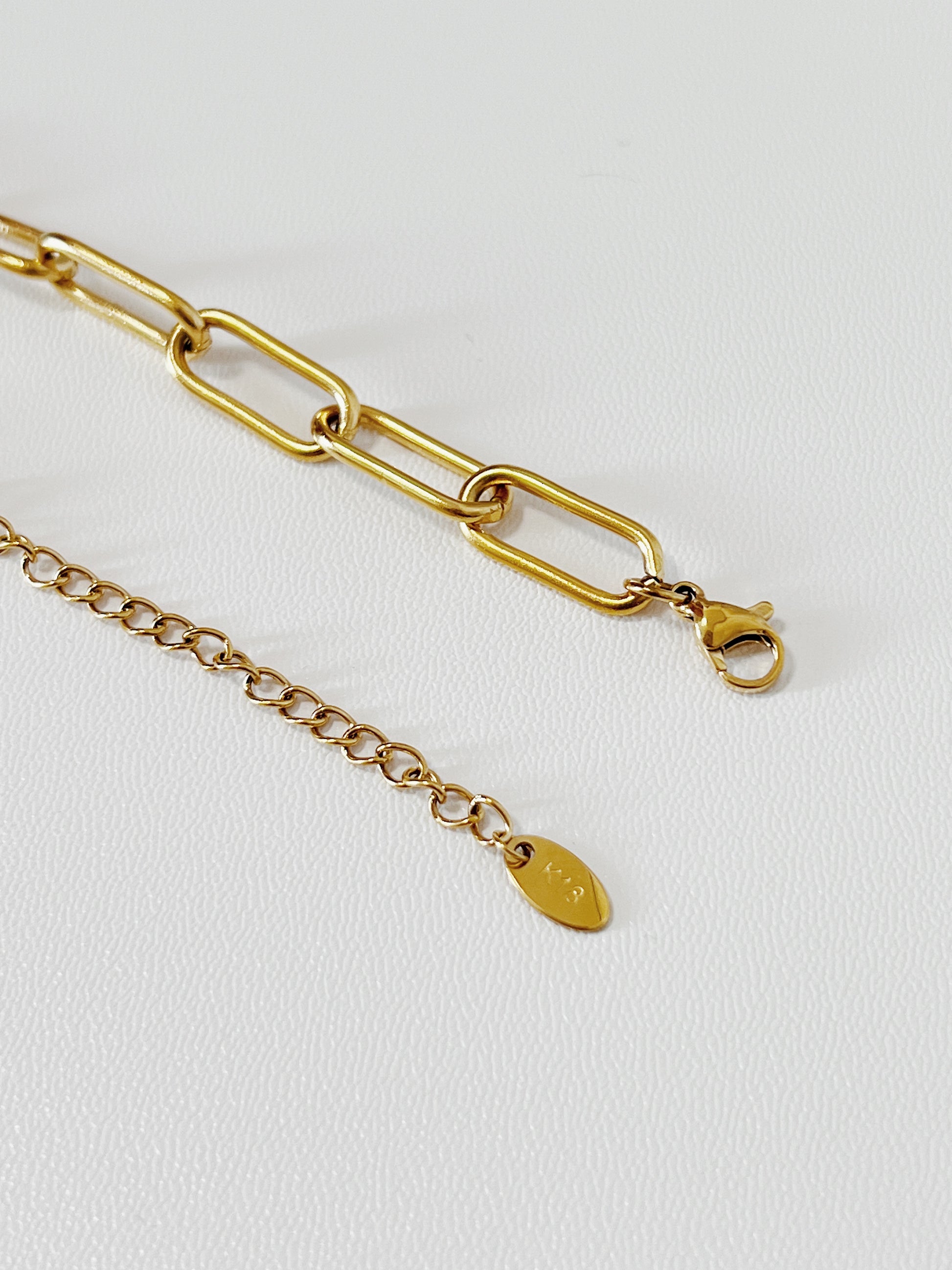 Close-up macro shot of the Asher necklace closure mechanism, highlighting the sleek, unadorned gold lobster clasp and minimalist extender chain link structure.