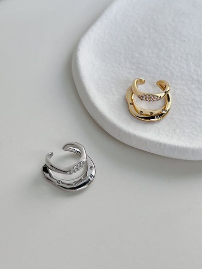 Ashley CZ Double Band Ear Cuff in 18K Gold PVD and Rhodium PVD on white background.