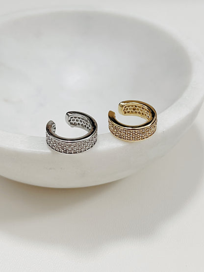 Close up of 14K gold plating and cubic zirconia texture on Priscilla cuff.