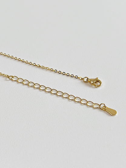 Close up of lobster clasp and 5cm extender chain on Cala 14k gold plated brass necklace