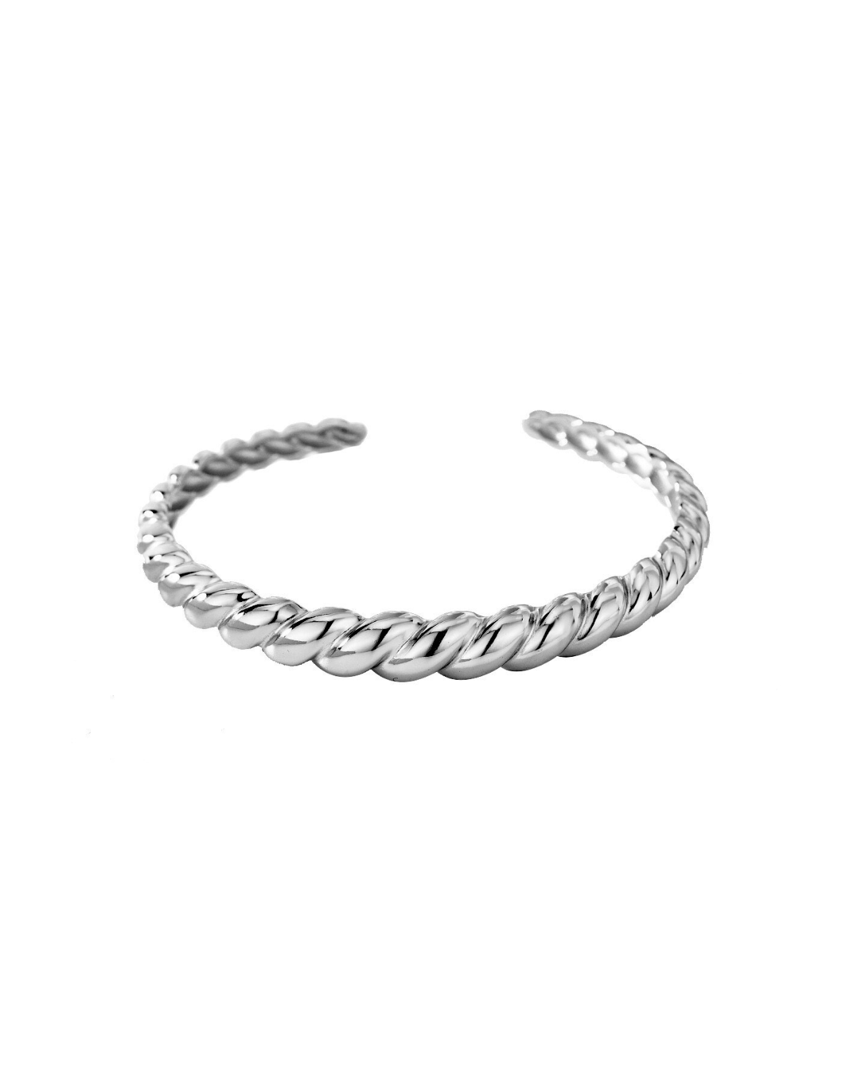 Studio product shot showcasing the Paris Croissant textured open cuff bangle on a clean white background, highlighting its flexible architecture and metallic twisted pattern.