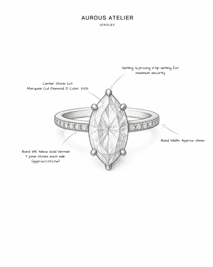 Technical drawing of a diamond ring with specifications labeled, featuring the brand 'Aurous Atelier'.
