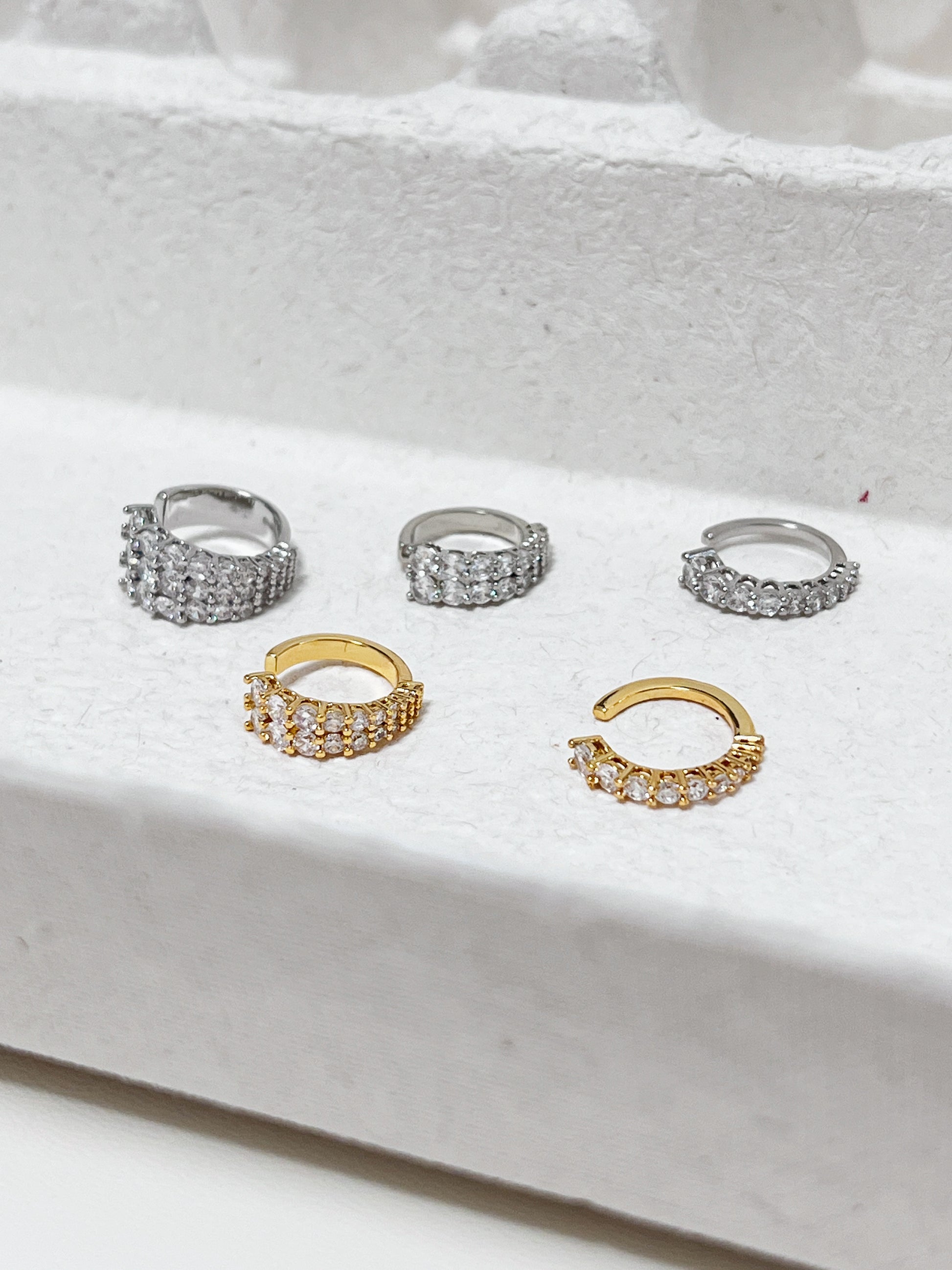 Emily Pavé Ear Cuff set showing 1-layer, 2-layer, and 3-layer options.