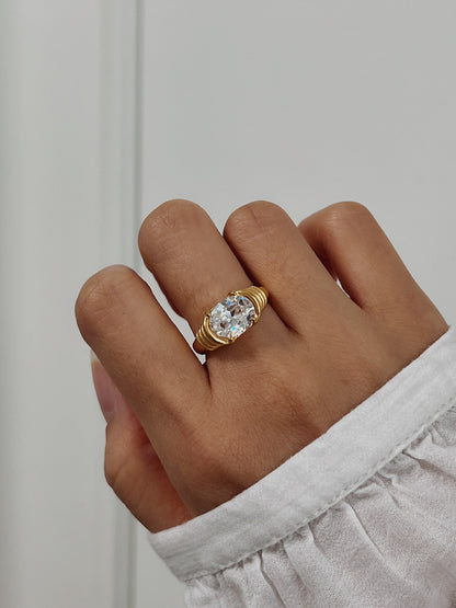 Hand model wearing Chiara CZ dome ring on middle finger
