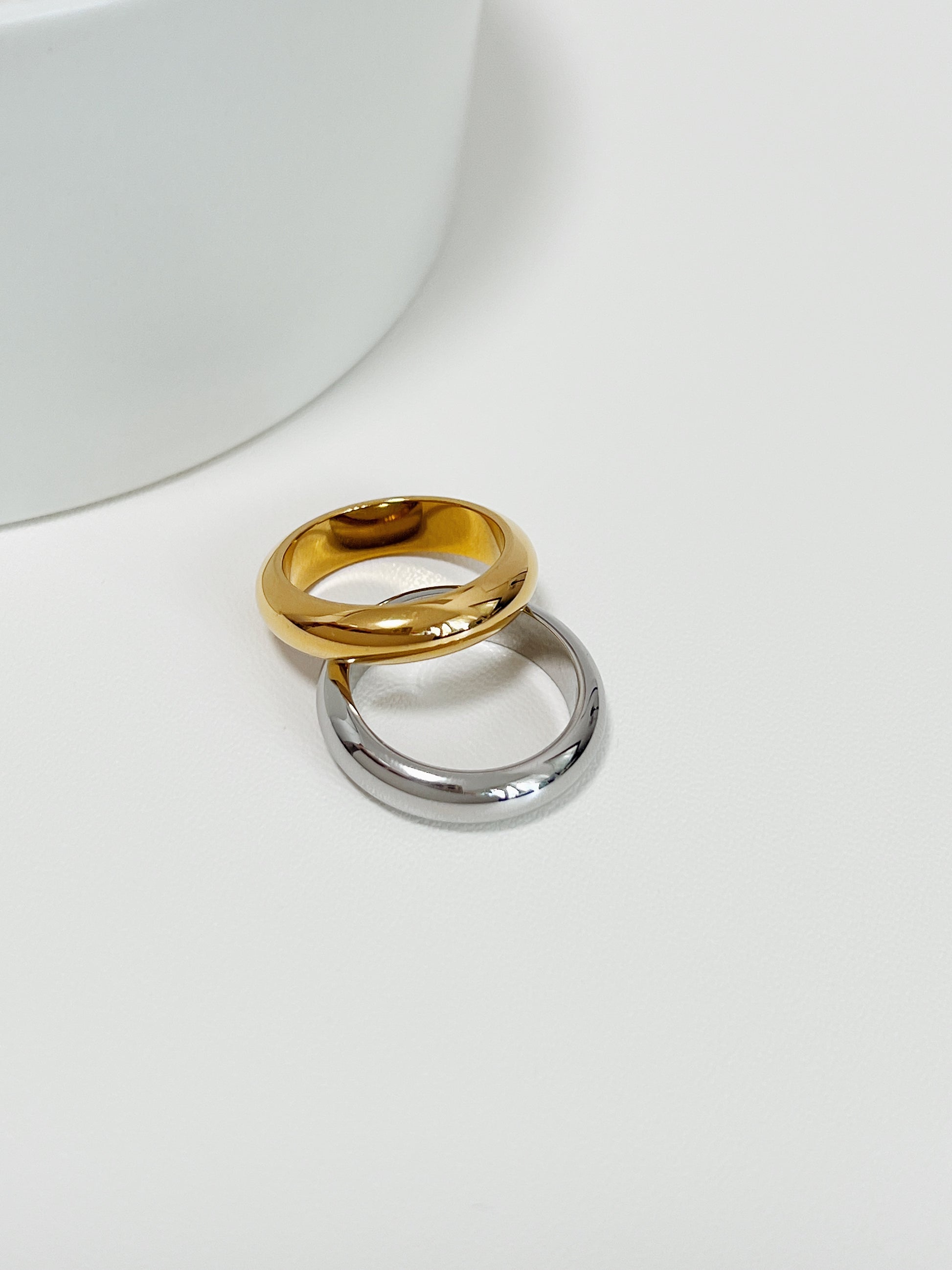 Tarnish resistant 18k gold plated brass everyday ring on white surface
