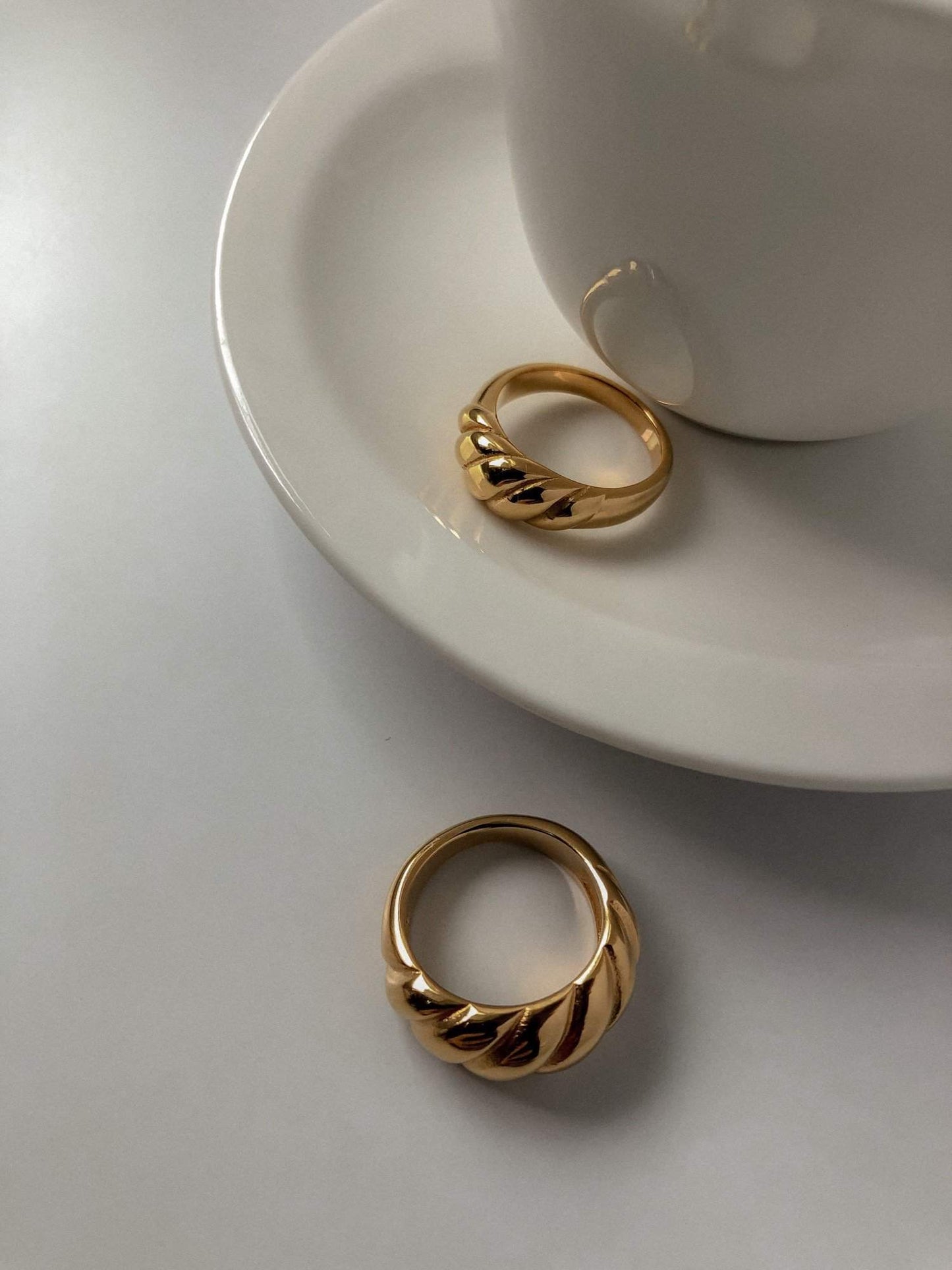 Tarnish-resistant gold ridged band safe for swimming and gym