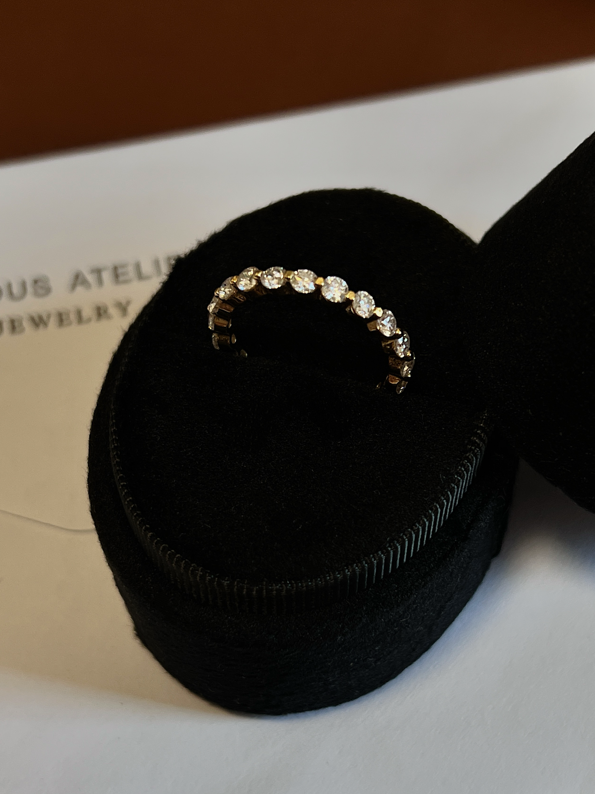 Symmetrical overhead view highlighting the uniform brilliant round cut moissanite stones on a fine gold band