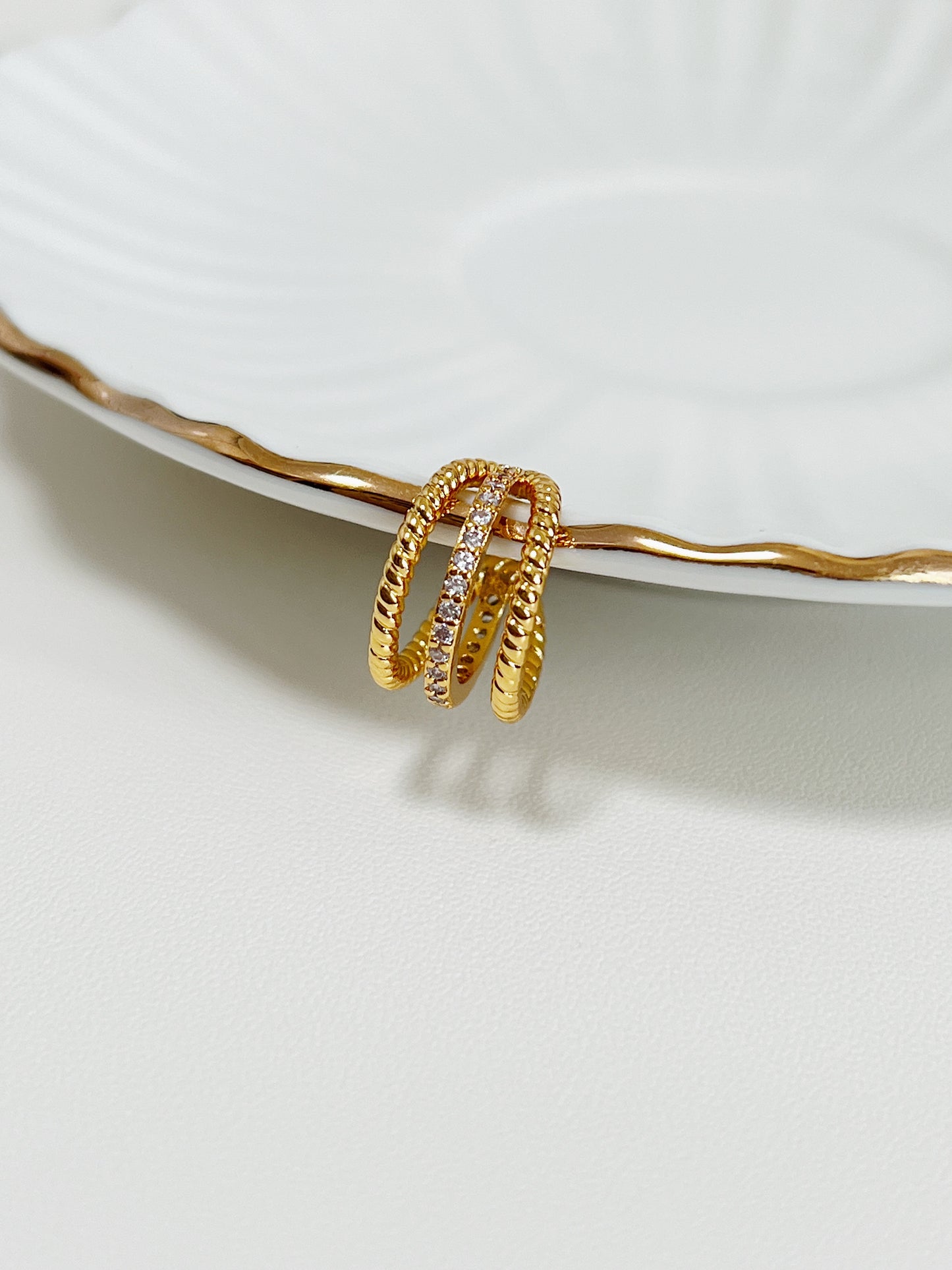 Jennie triple band cz ear cuff, 18k gold pvd.