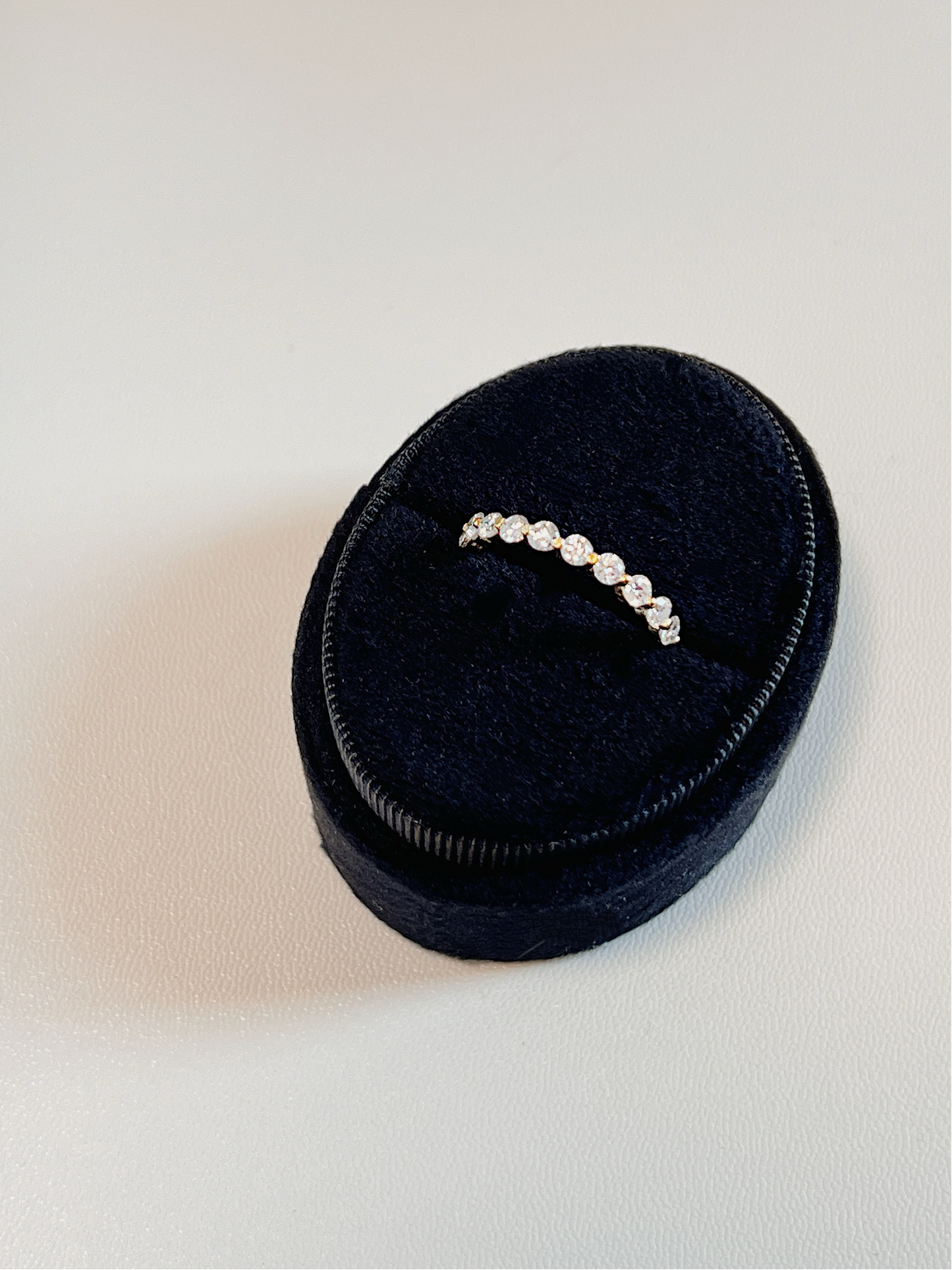 Close up perspective of a premium shared prong moissanite eternity band displaying a continuous loop of gems