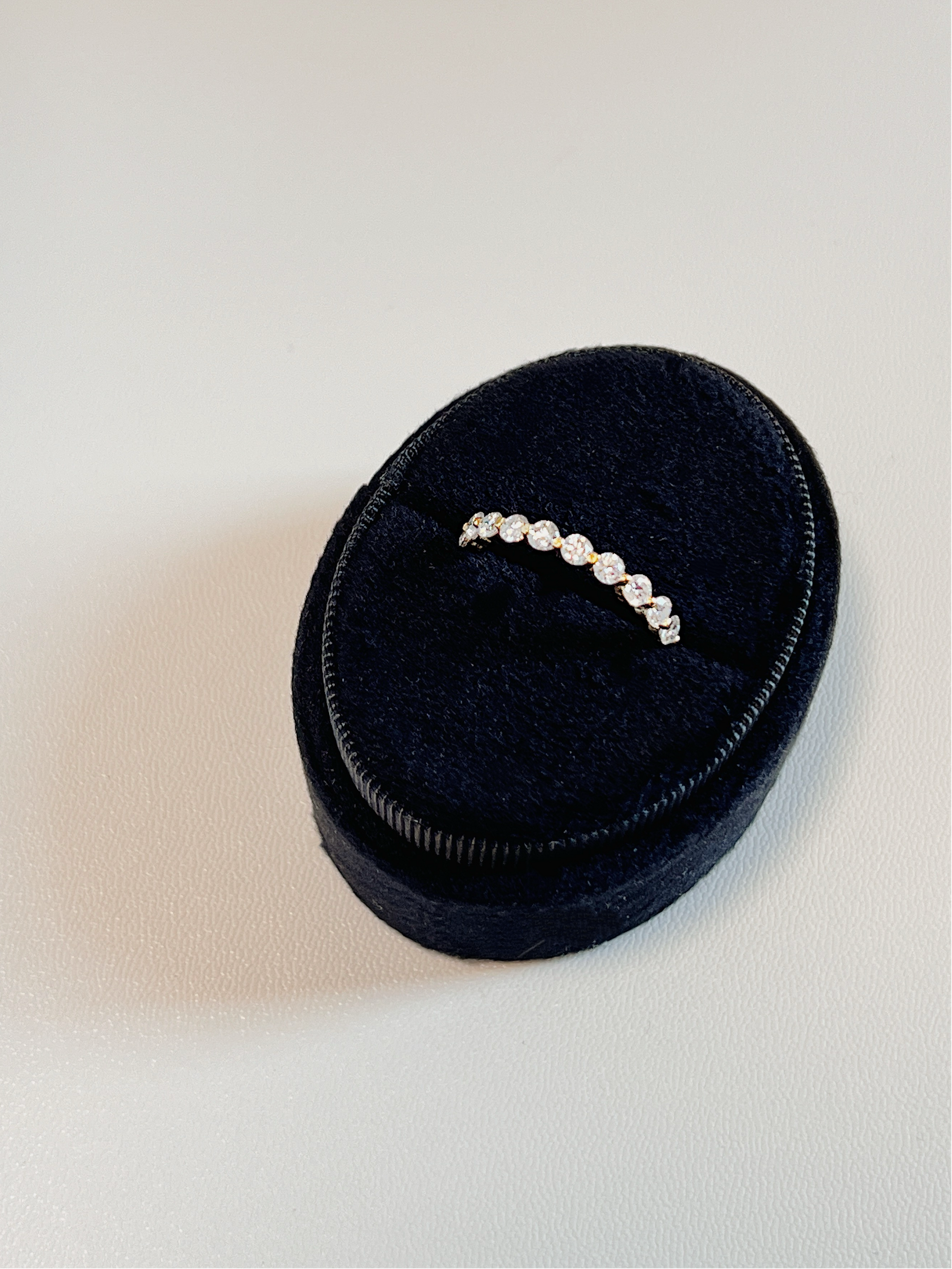 Close up perspective of a premium shared prong moissanite eternity band displaying a continuous loop of gems