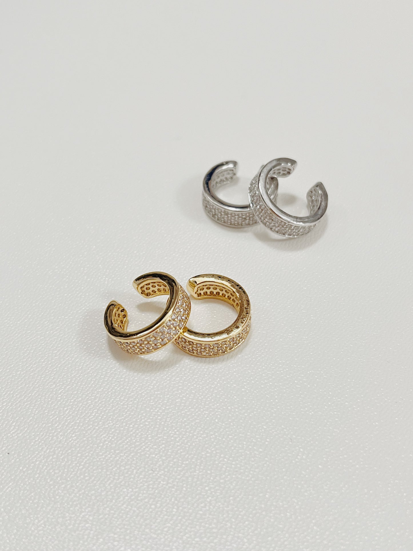 Priscilla Thick Pave Ear Cuff in 14K Gold and rhodium plated on white background.