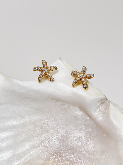 High-polish 18k gold starfish studs encrusted with seed pearls resting on a white clam shell prop.