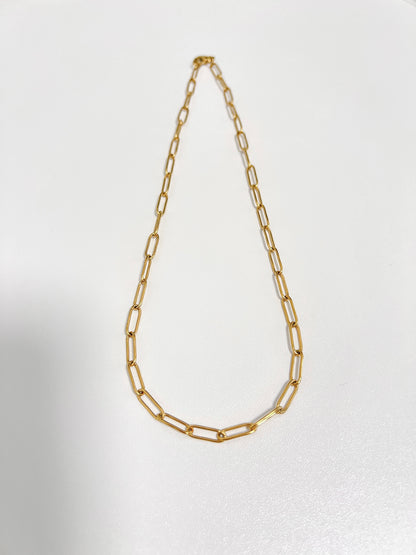 Minimalist catalog layout showcasing a mid-weight golden capsule link strand resting on white surface
