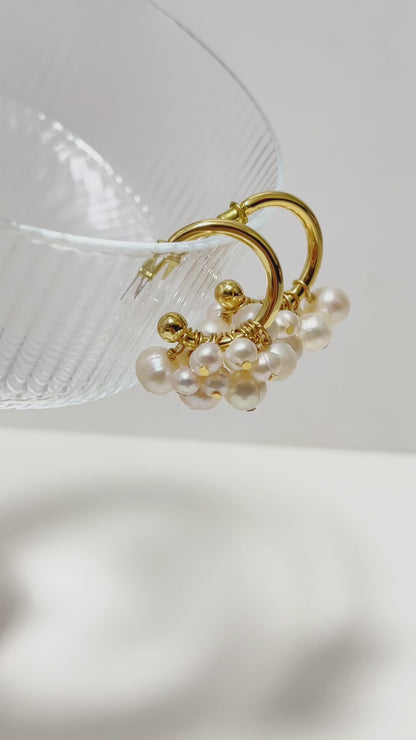 Macro detail of Freya cluster pearl hoop earrings, showcasing the hand-selected grade-A cultured pearl texture and s925 earring posts.