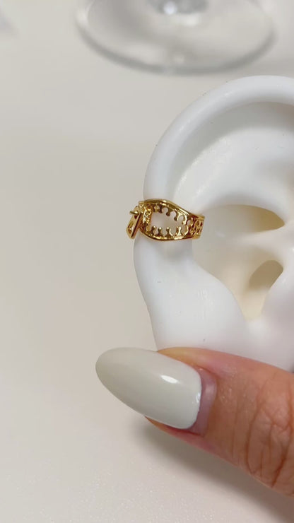 A video of gold zipper ear cuff showcasing on a white silicone ears