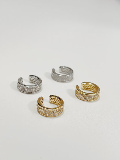 Silver and Gold Thick Pave Ear Cuff with cubic zirconia stones top down view.