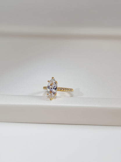 18K gold vermeil Kinn Marquise Ring, macro photography.