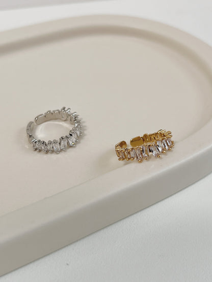 Close up of Lizza ring showing the artisanal staggered setting of CZ stones
