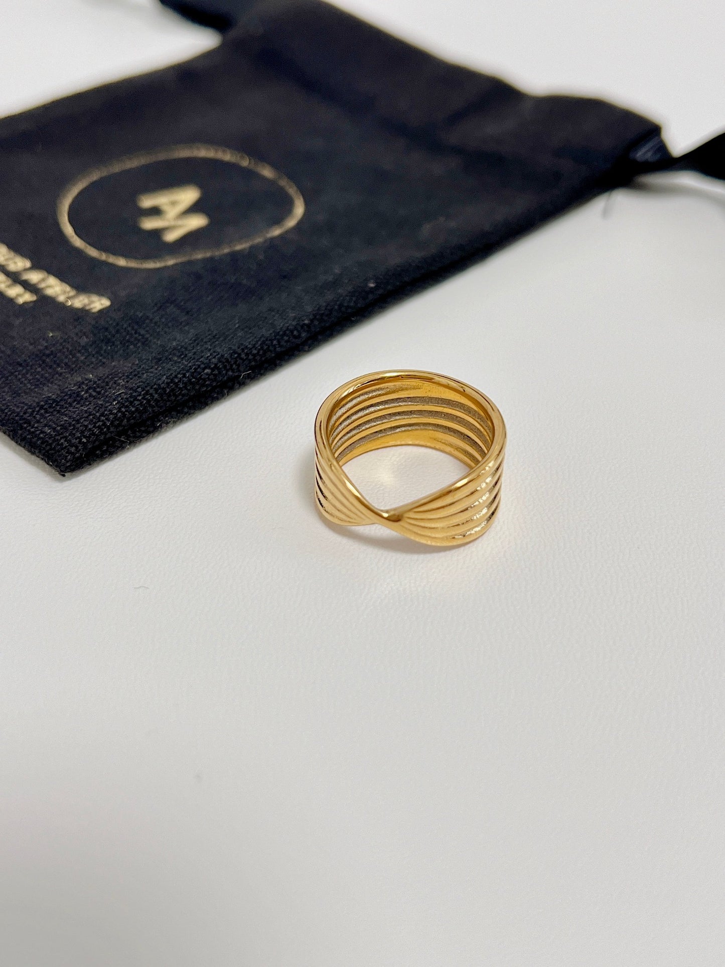 Comfortable anti pinch ribbed gold ring that stays in place on the finger