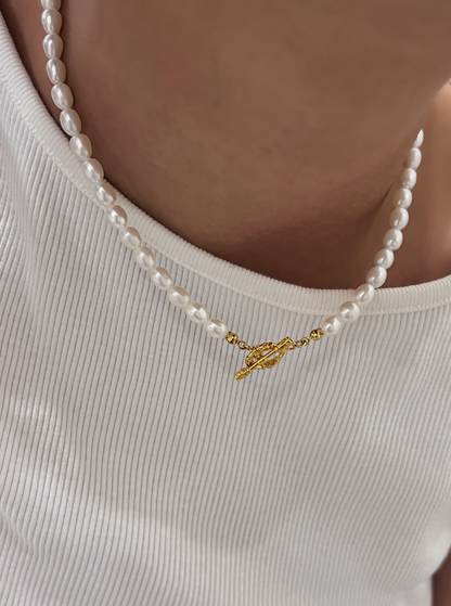 Model neck showing the fit of Madeleine pearl necklace