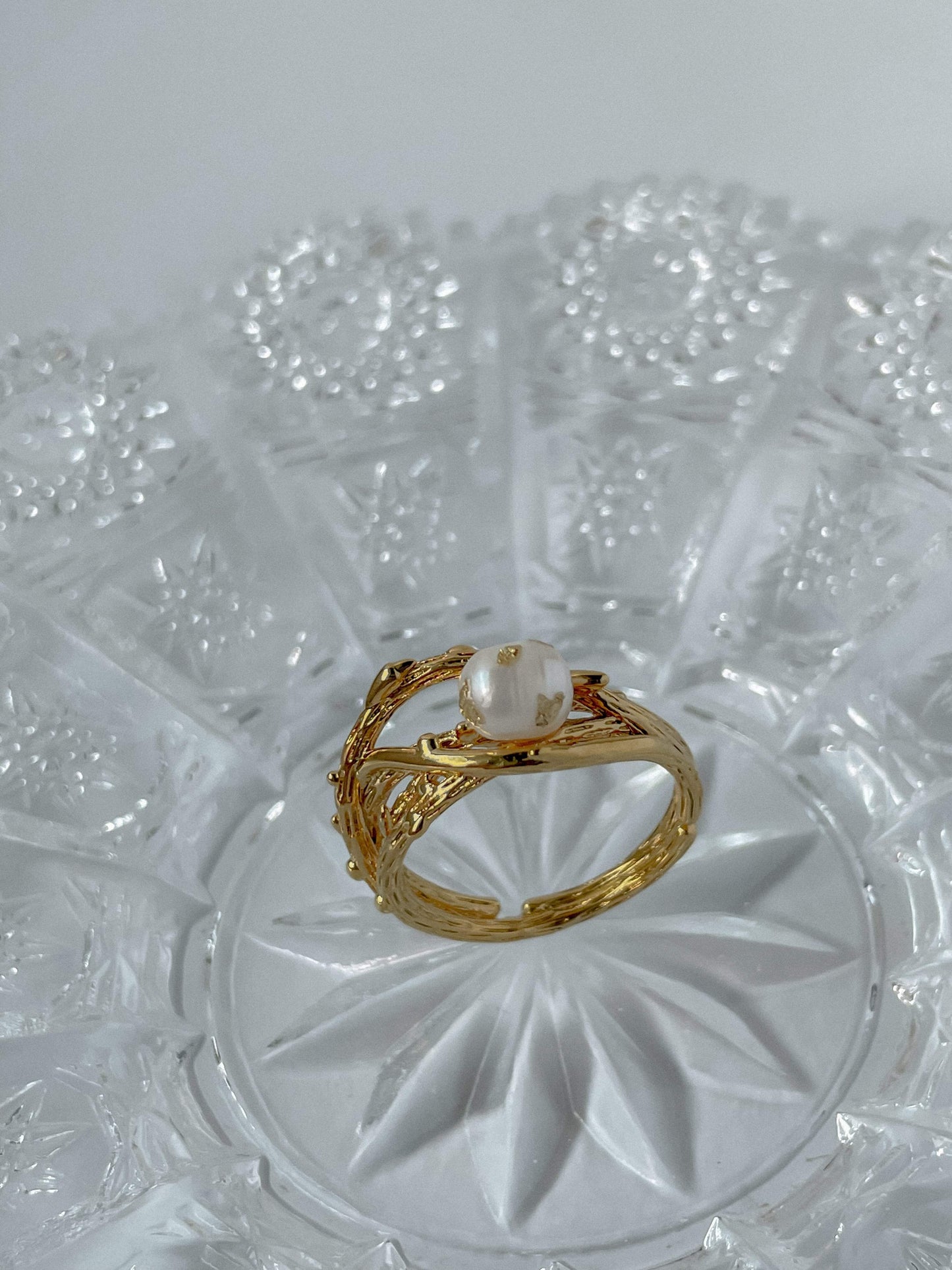 Close up of satiny luster and surface quality of Lorna pearl ring