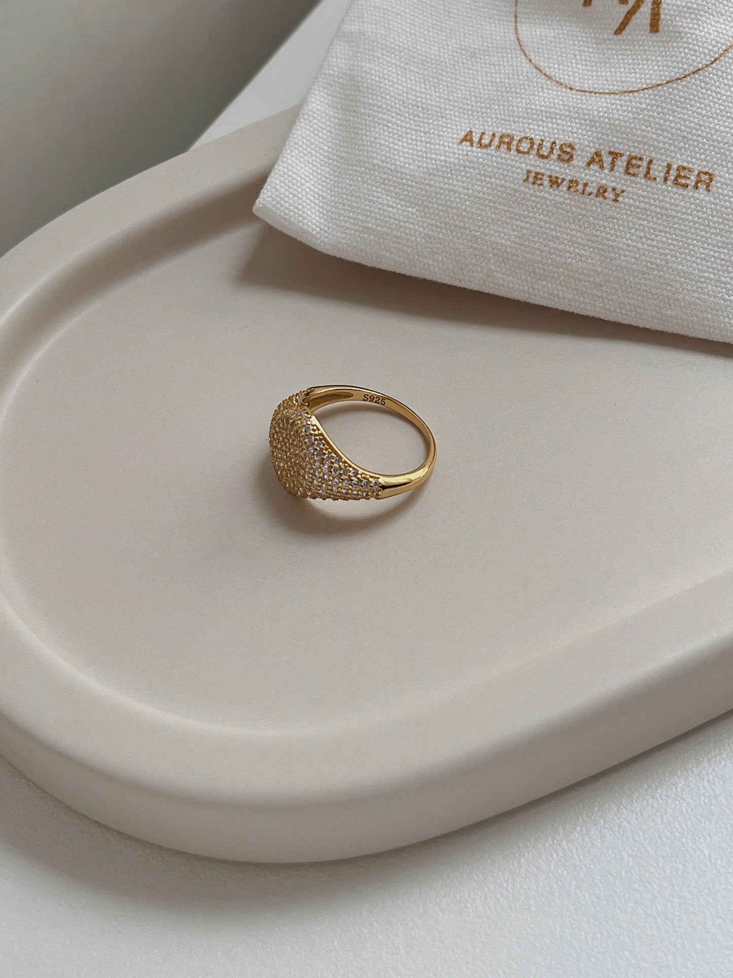 Macro shot of recycled 925 sterling silver hallmark on Andrée ring.