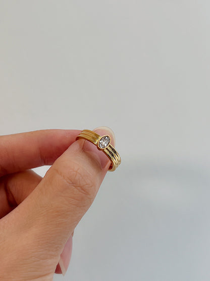 Hand-set 5A cubic zirconia on gold ribbed ring showing brilliance