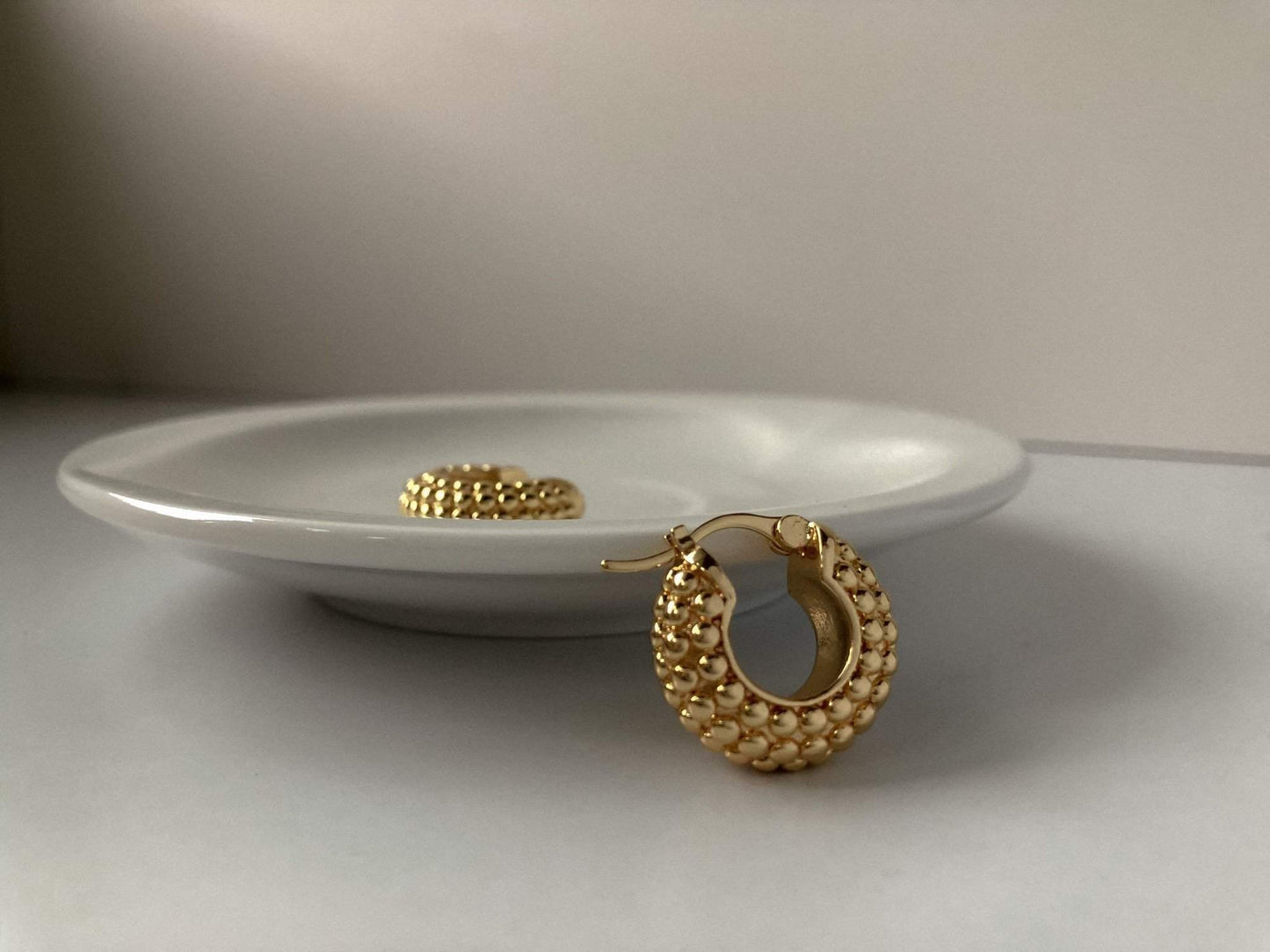 Kaia Beaded Hoop Earrings-Aurous Atelier-18 carat gold jewellery,18k gold earrings,18k gold jewellery,18k gold jewelry,bold hoop earrings,chunky earrings,chunky hoops earrings,gift for her,gold dotted huggie hoops,gold earring,gold earrings,gold hoop earrings,gold hoops,gold ridge hoops,hoop earrings,minimalist,minimalist earrings,parisian style,stacking earrings,statement hoops,thick huggies,vintage earrings,vintage thick hoops